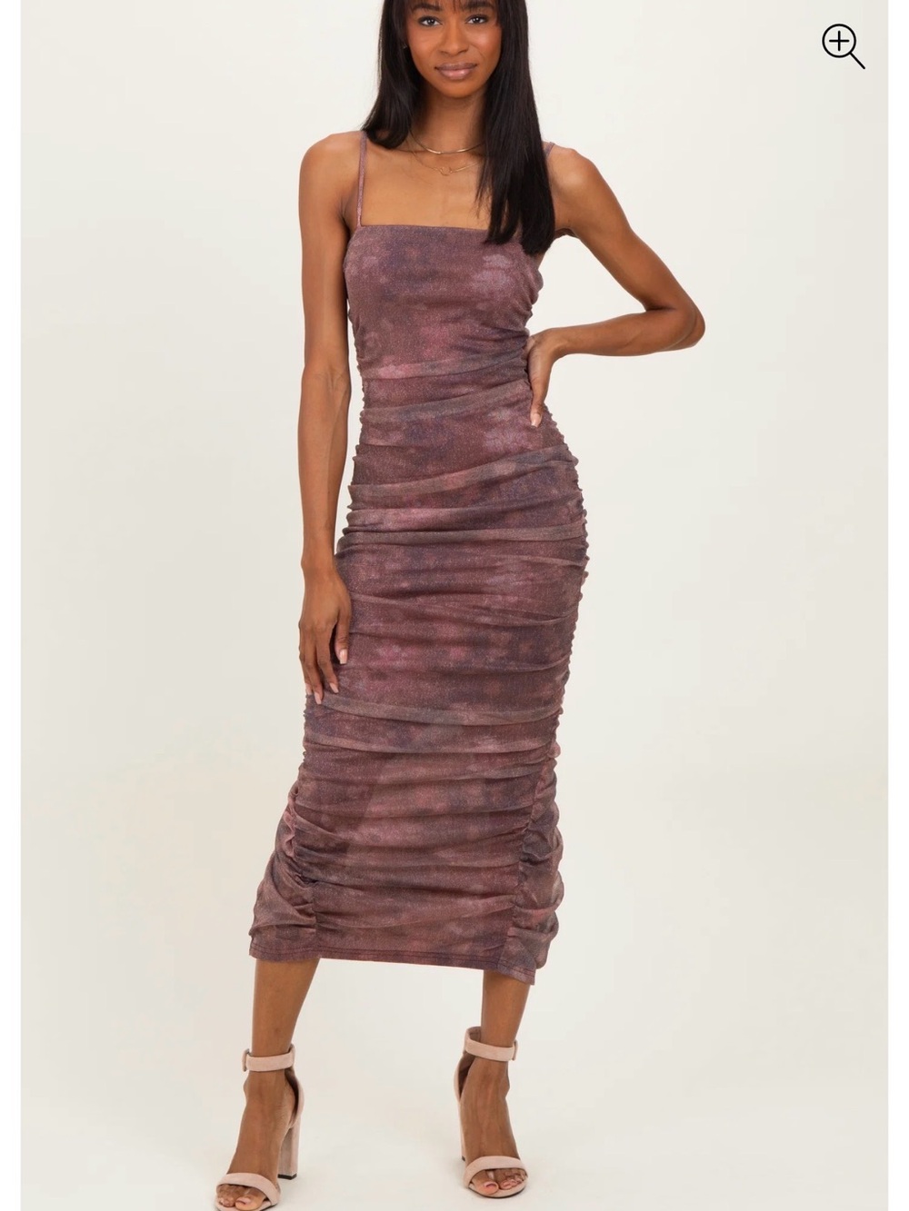 privy Ruched Midi Dress in Mauve-Pink Tie-Dye
